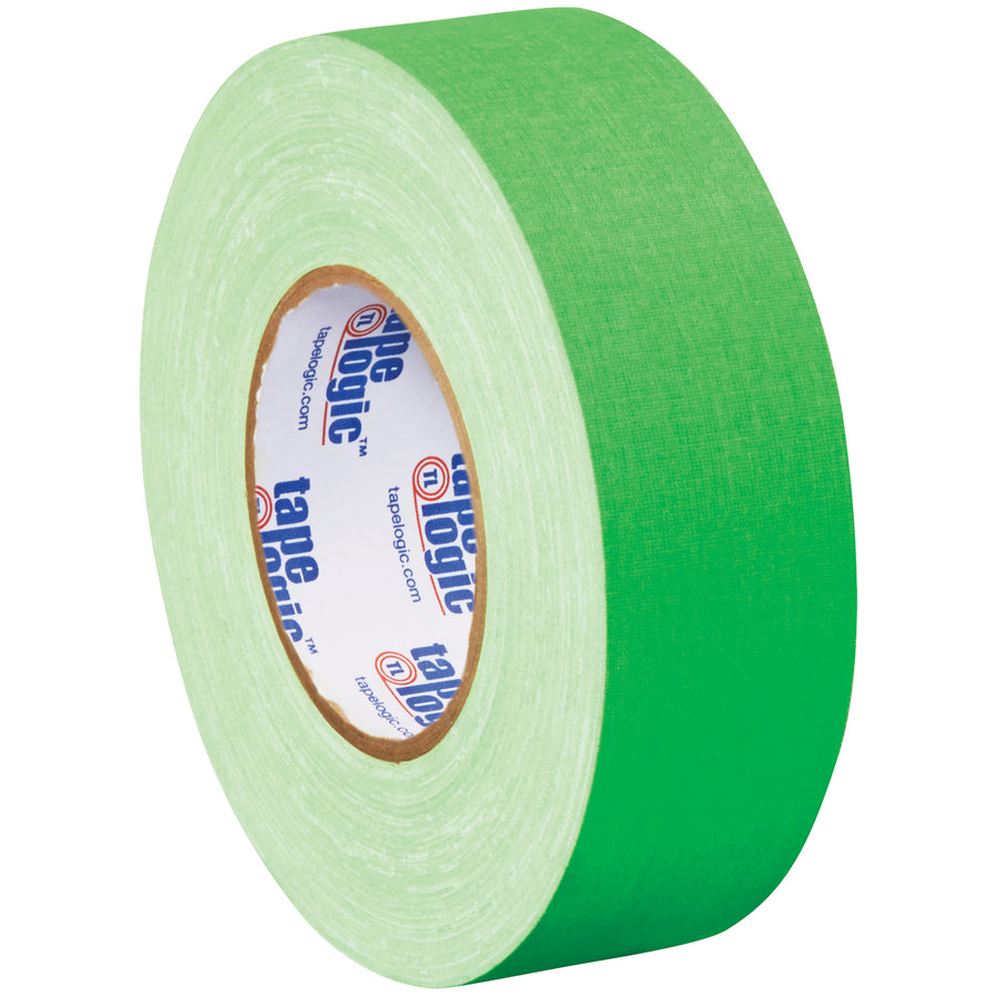 High-visibility fluorescent green gaffers tape designed for packing line supervisors who need reliable case sealing and wire management. 2" x 50 yd rolls with 36 lb tensile strength in cases of 24. Industrial-grade, residue-free formula works on cardboard, concrete, and wood without leaving marks.