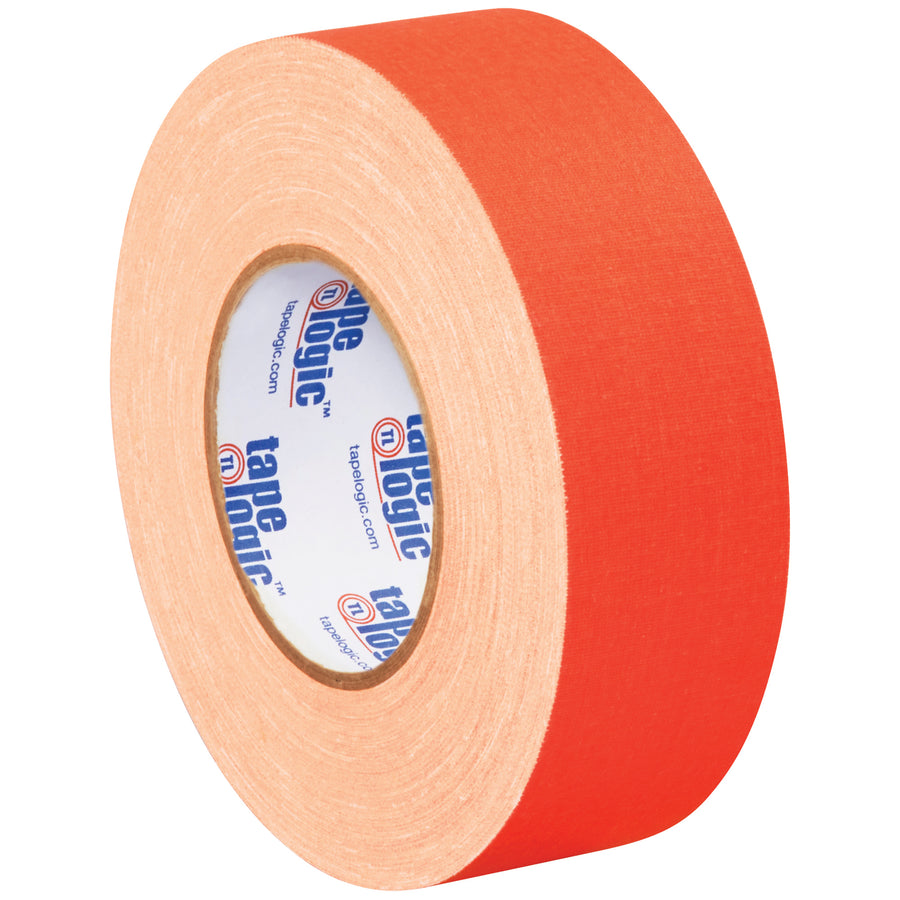 Highly visible 11 mil fluorescent orange gaffers tape designed for packing lines, equipment marking, and cable management. Each case includes three 2" x 50 yard rolls with 36 lb tensile strength and zero residue cleanup. Non-reflective finish works indoors and outdoors for case sealing, wire securing, and obstacle identification in low-light warehouse environments.
