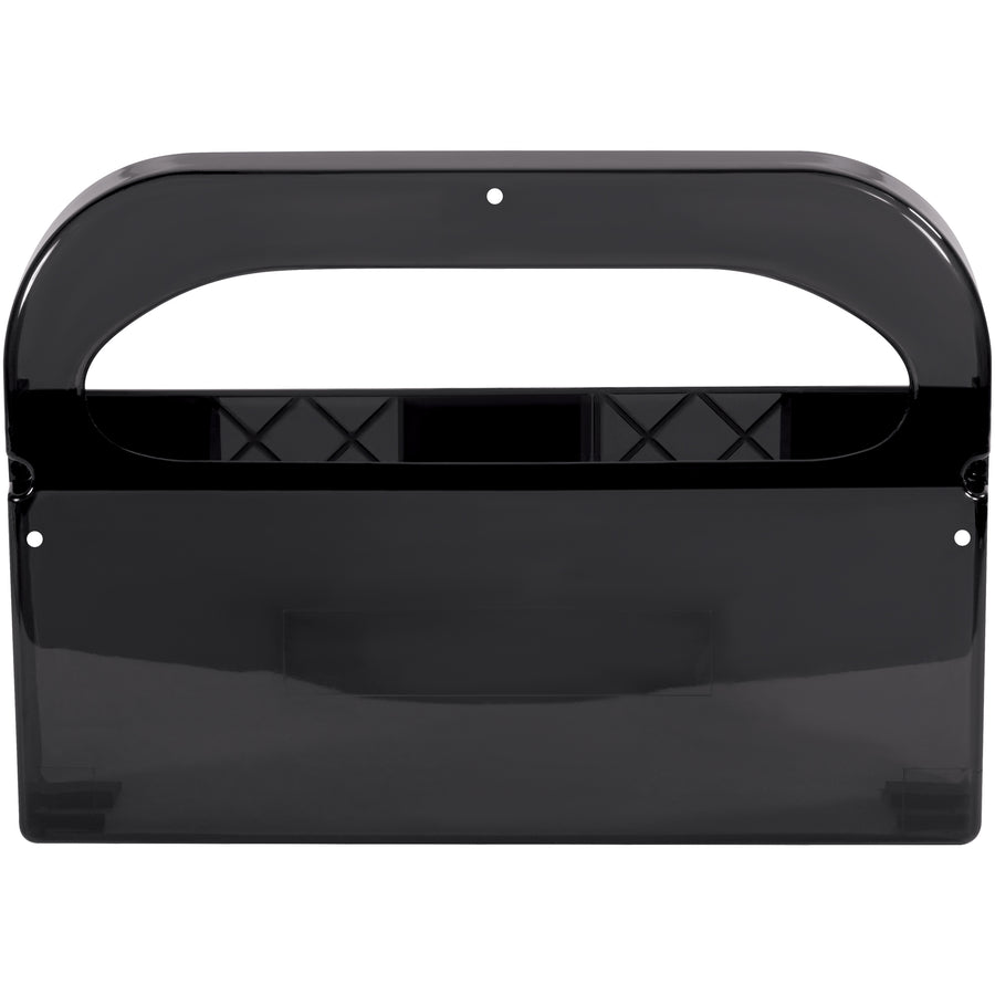 Professional-grade toilet seat cover dispenser in smoke plastic finish for high-traffic commercial bathrooms. Dispenses one cover at a time to reduce waste and maintain hygiene standards. Single-unit case delivers reliable sanitation compliance for your facility.