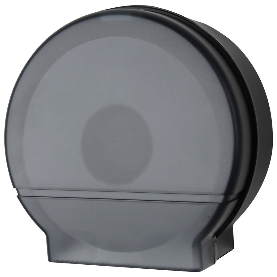 Heavy-duty single jumbo bathroom tissue dispenser designed for high-traffic commercial facilities. Features a translucent cover for easy supply monitoring and a double latch lock system to prevent theft and waste. Universal compatibility with most jumbo roll tissue brands featuring 3 3/8" cores. Compact 11" x 11.5" x 5" plastic construction ensures durability and easy installation.