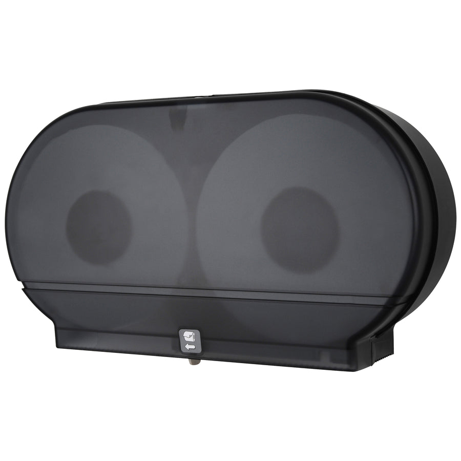 Heavy-duty twin jumbo bathroom tissue dispenser designed for high-traffic facilities requiring reliable, cost-effective paper management. Features translucent cover for quick supply monitoring and double latch lock to prevent theft and waste. Measures 11 3/4" x 20 1/4" x 5 1/2" and fits all standard jumbo rolls with 3 3/8" cores–sold as a single case unit.