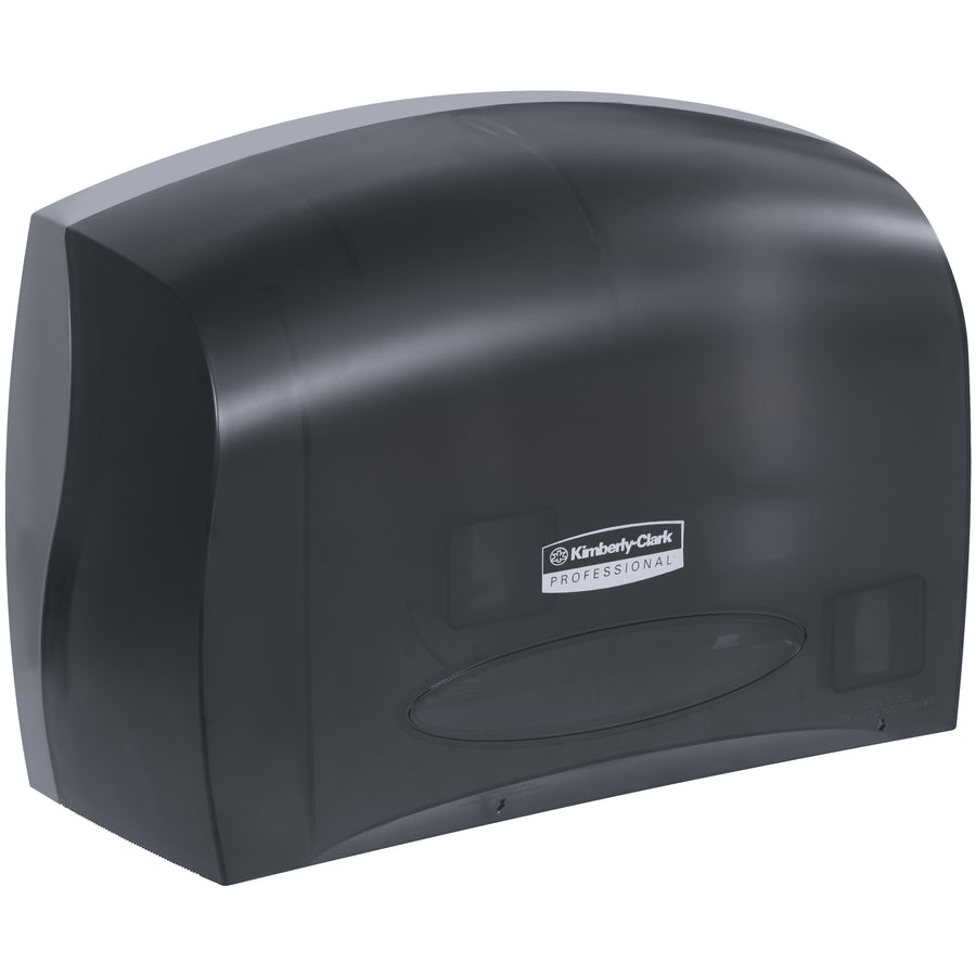 The Scott® Jumbo Coreless Bathroom Tissue Dispenser eliminates waste and labor with its innovative no-core design and keyless entry system. This durable black plastic dispenser (10"×14"×6") delivers efficient, cost-effective restroom management for commercial facilities. One dispenser per case.