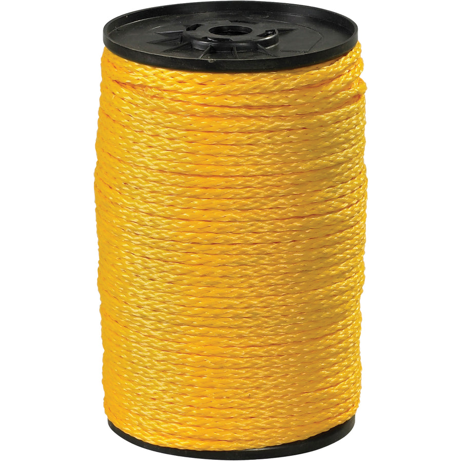 1000' spool of 3/16" yellow hollow braided polypropylene rope rated for 450 lb tensile strength. Lightweight and buoyant with superior splicability for industrial tie-downs, barriers, flag poles, and floating applications. Diamond weave exterior construction ensures durability while keeping material costs competitive.