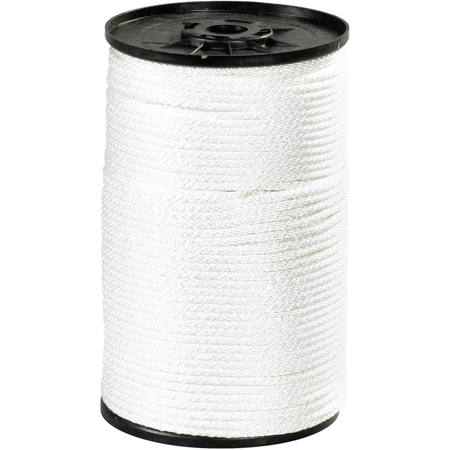Heavy-duty 3/8" white braided nylon rope rated for 2,300 lbs tensile strength. Engineered for pulleys, blocks, and secure fastening applications. 500' coil delivered in a single caseβready to deploy for rigging, tying, and load-bearing jobs.