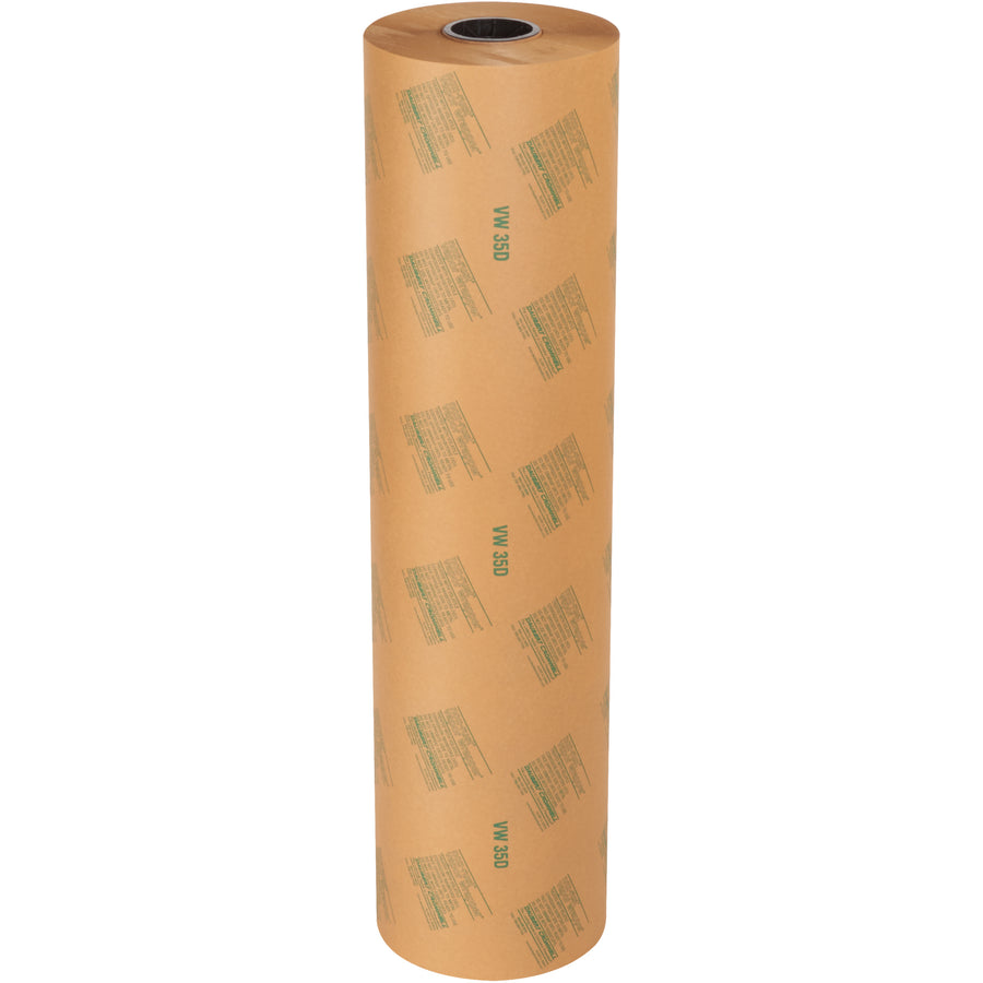 Protect ferrous metal parts from rust, corrosion, and oxidation with this 36" x 400 yard heavy duty VCI paper roll. The chemically treated kraft paper continuously vaporizes to create a protective barrier around metal surfaces during long-term storage and shipment. One case includes 1 roll of 35 lb. basis weight packing paper–complete wrap coverage recommended.