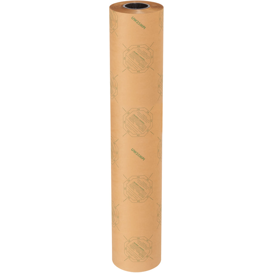 Protect ferrous, non-ferrous, and combination metals with this chemically treated 36" x 200 yds VCI paper roll. The volatile corrosion inhibiting formula continuously vaporizes to block rust, oxidation, and corrosion during storage and shipping. One case includes a full 200-yard roll of 35 lb basis weight kraft paper for complete metal part wrapping.