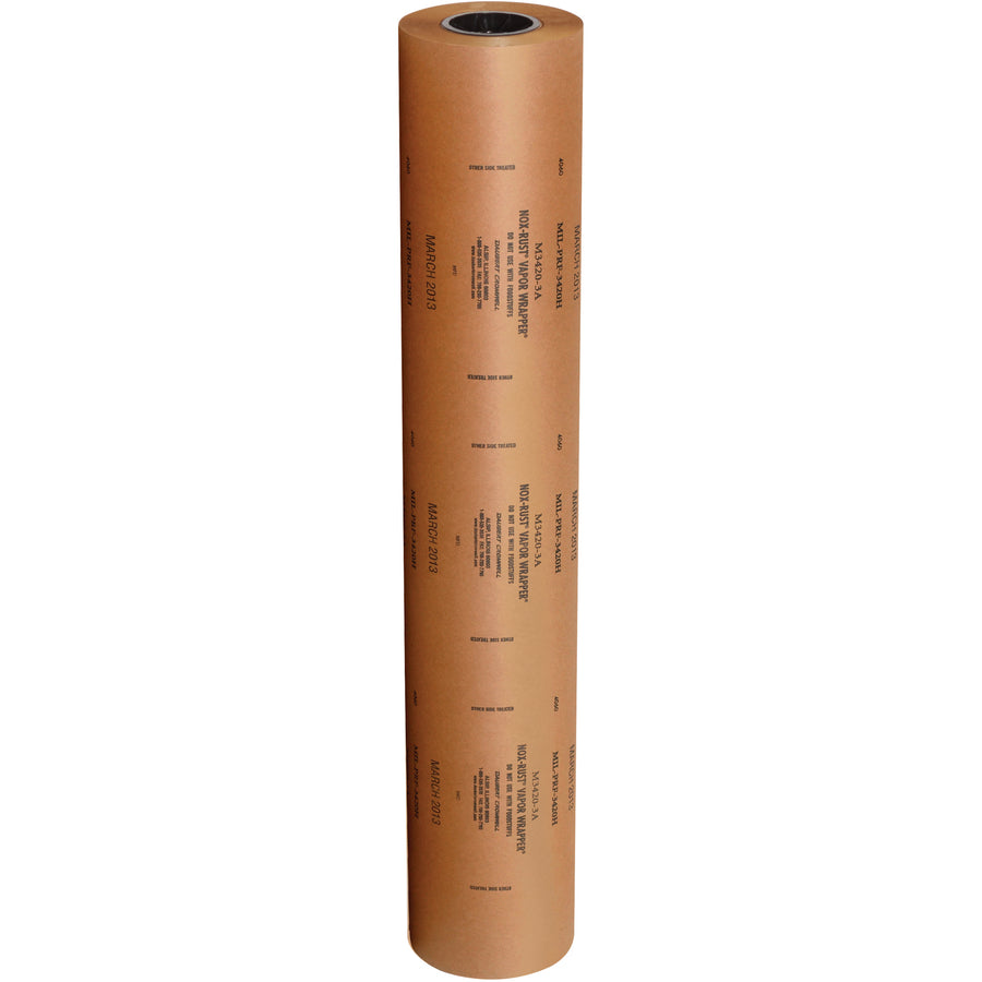 Protect ferrous metal parts from rust and corrosion with this 36" x 200 yard MIL Spec VCI paper roll. Nitrate-free, chemically treated kraft paper continuously vaporizes to block oxidation. One case contains one roll–complete wrapping recommended for maximum protection.
