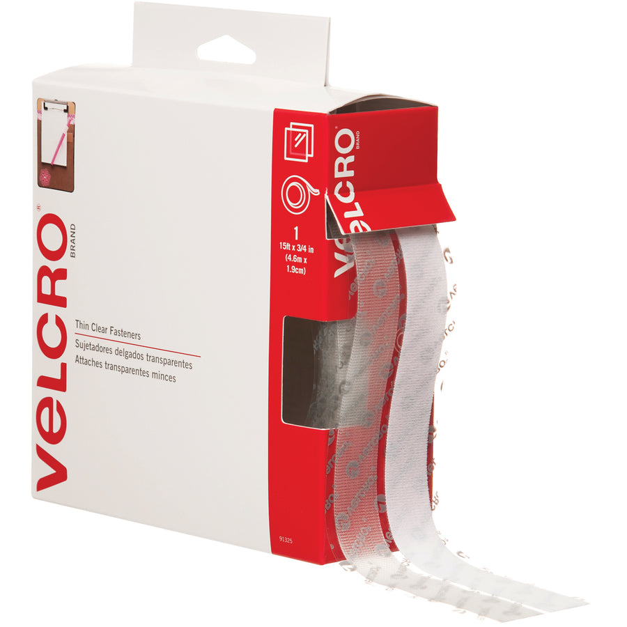 High-performance clear VELCRO Brand hook and loop tape combo pack delivers 36 PSI shear strength–nearly 3X standard strips. Pre-cut 3/4" x 15' dimensions fit dispensers and packing line equipment. Waterproof nylon material works indoors and outdoors; both hook and loop included in every case.