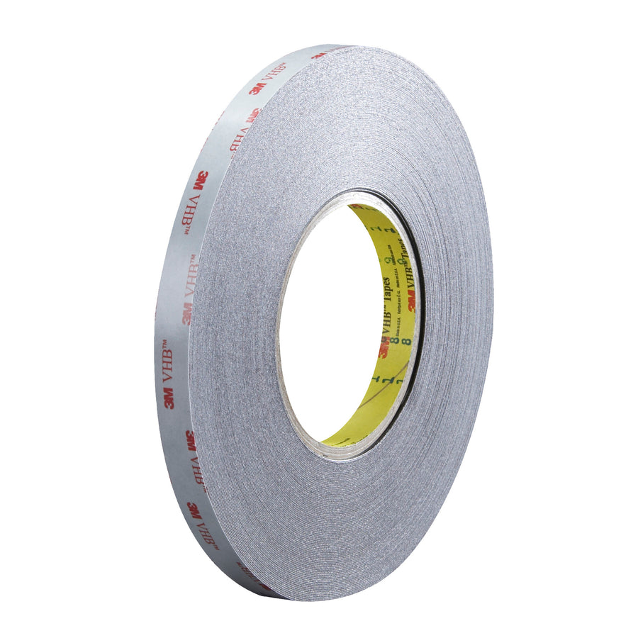 Replace rivets, welds, and liquid adhesives with 3M's 5915 VHB very high bond tape–a 16 mil black acrylic foam solution that conforms to irregular surfaces and seals cases reliably. This 1/2" x 5 yard roll delivers permanent, non-removable bonds rated -40°F to 250°F with full UV and moisture resistance for industrial packing applications.