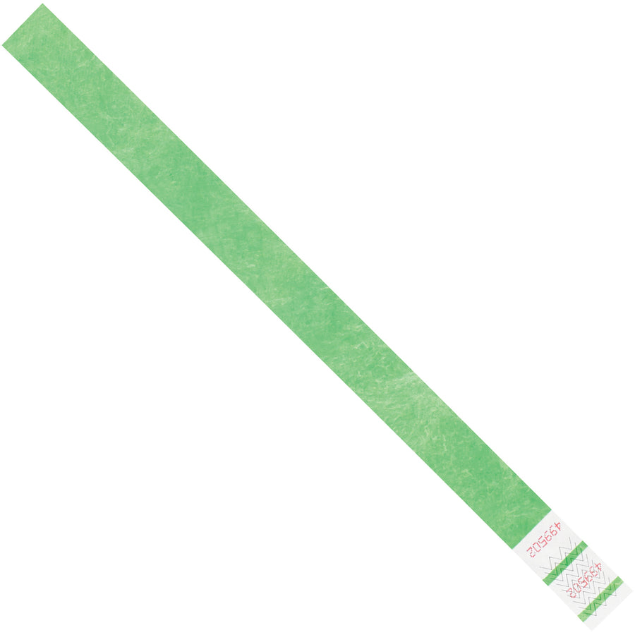 Durable 3/4" x 10" green Tyvek wristbands deliver reliable event identification and access control in a waterproof, tear-resistant design. Sequentially numbered for inventory tracking and compliance. Each case contains 500 breathable bands that fit most wrist sizes, making them ideal for short-term events, festivals, and security applications.