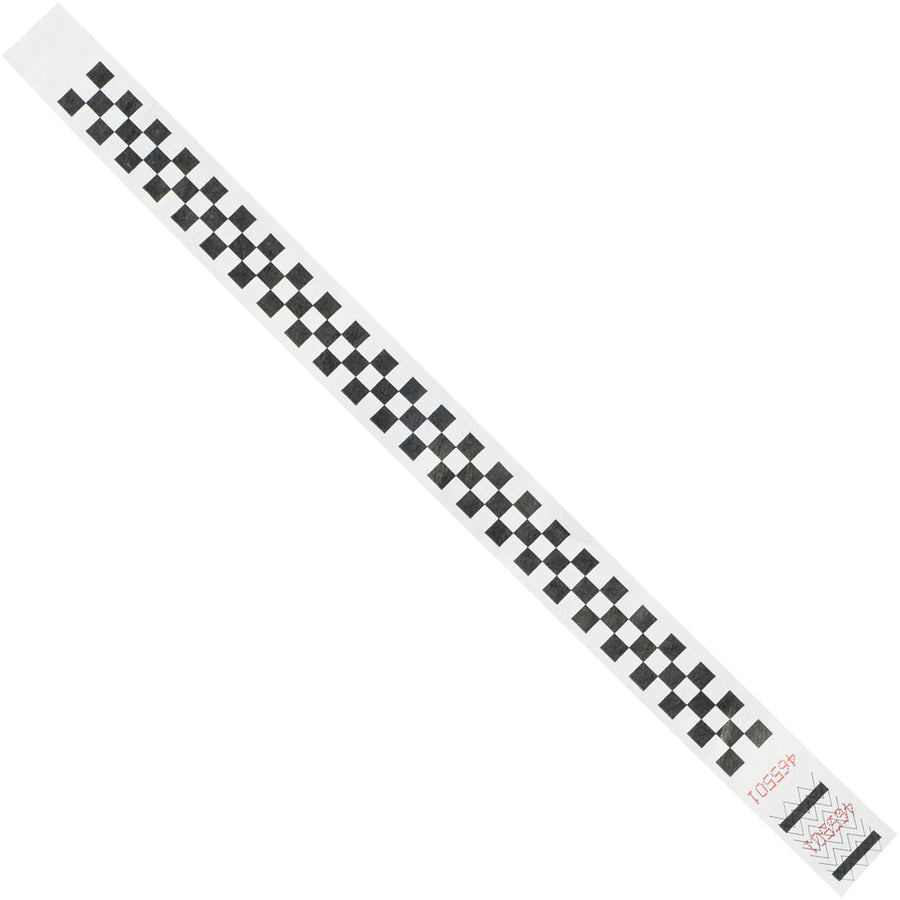 Durable 3/4" x 10" Tyvek wristbands with sequential numbering for event identification and crowd control. Waterproof, tear-resistant spunbonded olefin construction fits most wrist sizes and ships by the case (500 units). Lightweight and breathable–no discomfort during extended wear.