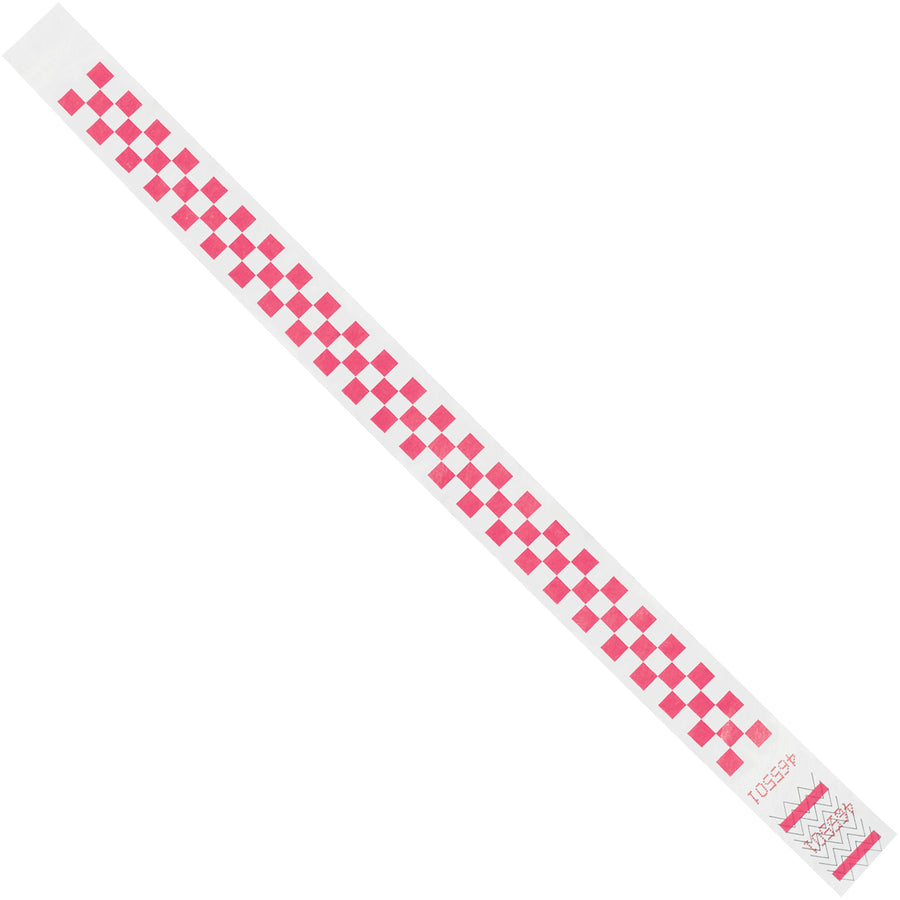 Durable pink Tyvek wristbands measuring 3/4" x 10" for reliable crowd control and event identification. Waterproof, tear-resistant, and sequentially numbered with 500 bands per case. Lightweight design fits most wrist sizes while maintaining compliance with event security standards.