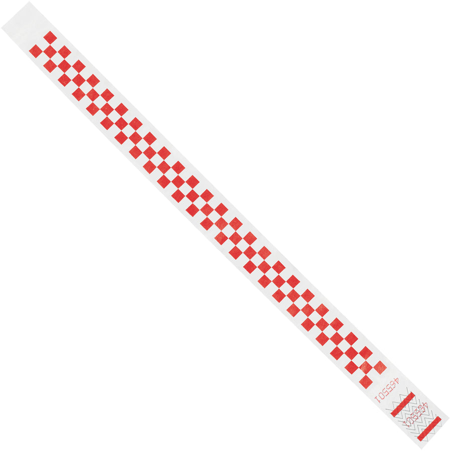 Durable red Tyvek wristbands (3/4" x 10") perfect for event identification, access control, and crowd management. Waterproof, tear-resistant spunbonded olefin material fits most wrist sizes. Sequentially numbered for easy tracking. Sold by the case of 500.