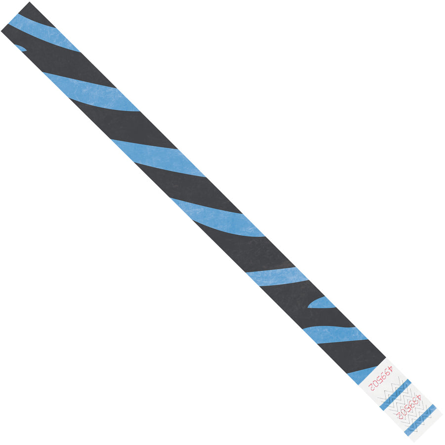 Durable 3/4" x 10" blue Tyvek wristbands with zebra stripe design provide secure, waterproof ID identification for events, festivals, and access control. Sequentially numbered bands fit most wrist sizes and resist tearing in high-traffic environments. Each case contains 500 units for cost-efficient bulk ordering.