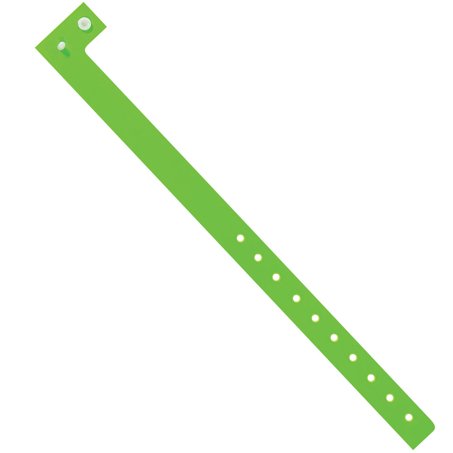 Durable Day-Glo green plastic wristbands with non-reusable tamper-resistant locking closures that discourage transfer and increase security. Each case contains 500 units of 3/4" x 10" wristbands made from water and stretch-resistant plastic–perfect for events, crowd control, and ID applications.