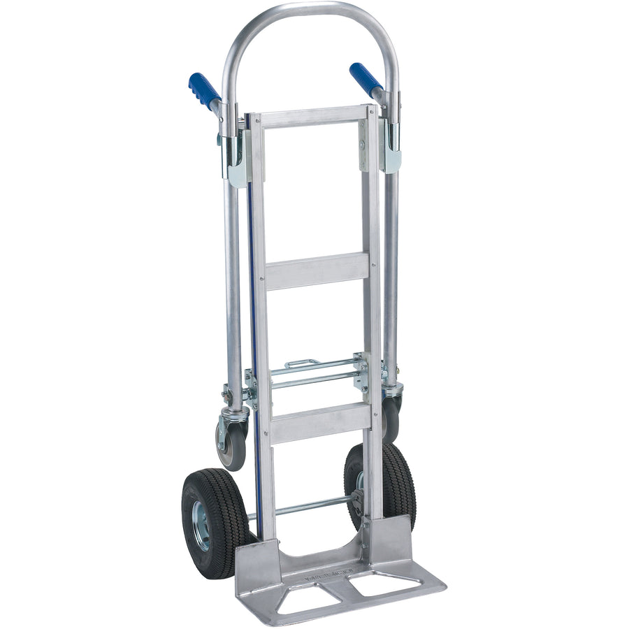 Convert from 2-wheel hand truck to 4-wheel platform truck instantly. This lightweight aluminum hand truck delivers 500 LBS (2-wheel) and 1,000 LBS (4-wheel) capacity with an 18" noseplate for oversized loads. Non-marking, swivel pneumatic wheels and sturdy frame make it the go-to shipping supply for warehouses handling variable load sizes.