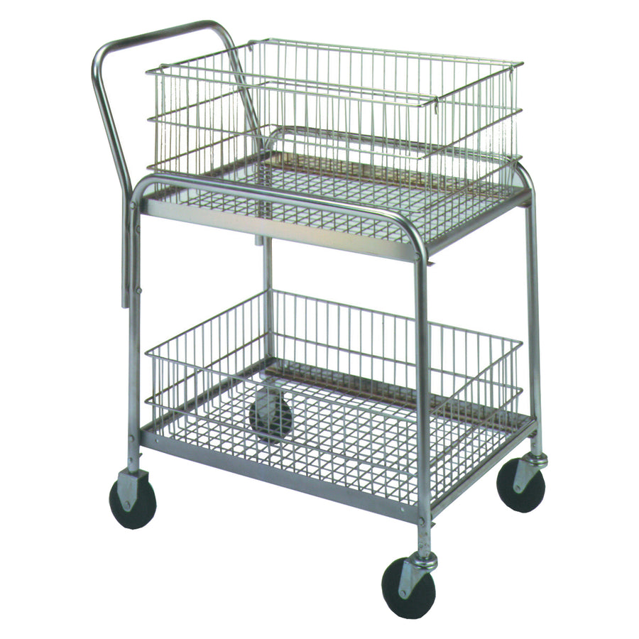 Heavy-duty mail cart built from nickel chrome plated steel with 200 lb load capacity and removable baskets for maximum efficiency. Dimensions 33" x 20" x 37.5" fit standard doorways and narrow hallways. Ships individually–ready for immediate mailroom deployment.