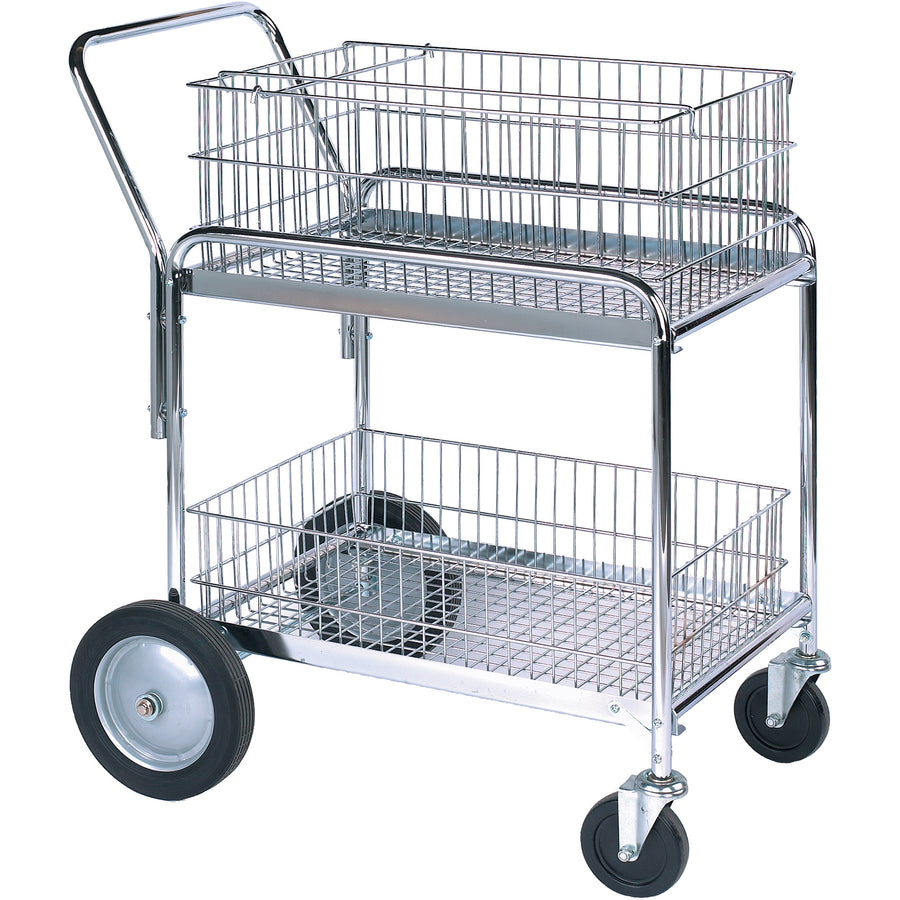 Heavy-duty mail cart built for high-volume mailrooms and office logistics. Nickle chrome plated steel construction with 200 lb load capacity, removable baskets, and smooth-rolling 10" semi-pneumatic wheels for easy maneuverability in tight spaces.