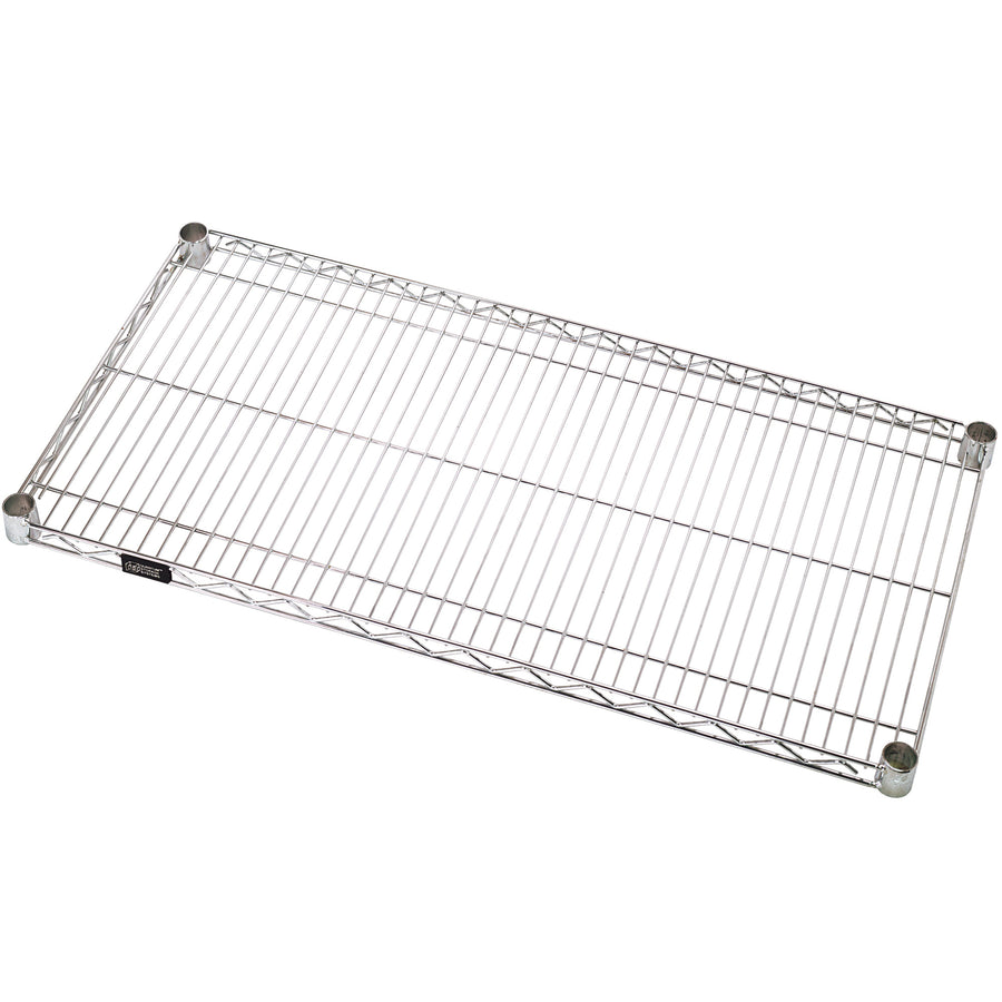 Heavy-duty 48x12" wire shelves built from chrome-plated carbon steel with 800 lbs weight capacity per shelf. Includes snap-on post sleeves for tool-free assembly on adjustable open wire shelving units. Sold as a case of 4 shelves.
