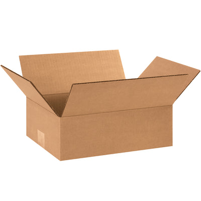 ECT-32 kraft corrugated boxes sized 12" x 9" x 4" for efficient shallow-product shipping. Bundle of 25 ships flat, reducing storage footprint and freight costs. Perfect for apparel, books, picture frames, and artwork–proven crush strength for reliable protection.