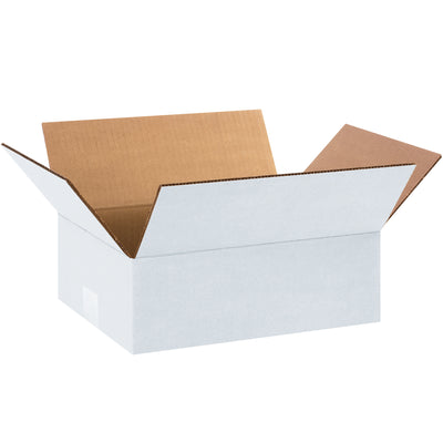 ECT-32 single wall white corrugated boxes in 12x9x4" dimensions, sold in bundles of 25. Perfect for e-commerce fulfillment, retail shipping, and storage applications. Bright white finish provides excellent contrast for applied labels and printed shipping instructions.