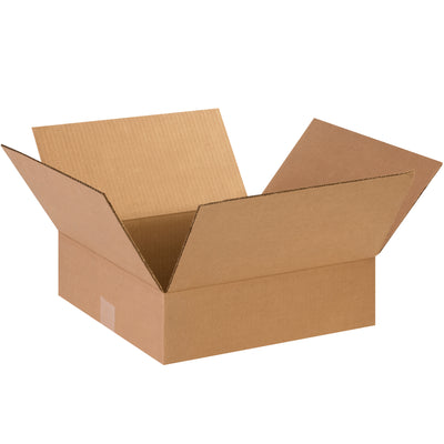 ECT-32 kraft corrugated boxes sized 14" x 14" x 4" designed for shallow-profile products. Ship flat to maximize warehouse efficiency and reduce freight costs. Sold in bundles of 25 for volume savings and consistent inventory management.