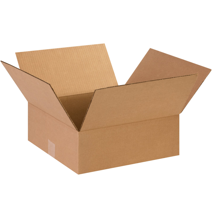 Economical 14" x 14" x 5" ECT-32 kraft corrugated boxes designed for shallow-depth products. Bundle of 25 ships flat to maximize storage efficiency and reduce freight costs. Ideal for apparel, books, artwork, and mirrors.