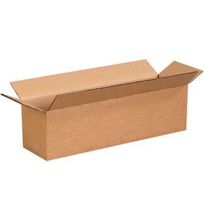 ECT-32 kraft corrugated boxes designed for long, narrow items like wine bottles, umbrellas, and carpet rolls. 14x4x4" dimensions with wide lengthwise openings for fast, efficient packing. Sold flat in bundles of 25 to maximize freight efficiency and minimize storage footprint.