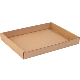 Durable ECT-32 kraft corrugated trays measuring 15" x 12" x 1¾" designed for lightweight parts storage, order picking, and shelf organization. Ships flat in convenient 50-unit bundles, reducing storage footprint and freight costs. Easy-fold sides maximize stability during handling and transport.