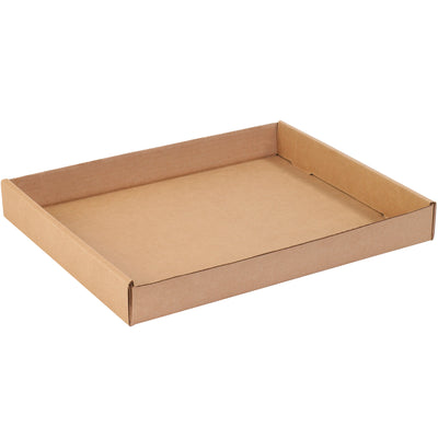 Durable ECT-32 kraft corrugated trays measuring 15" x 12" x 1¬æ" designed for lightweight parts storage, order picking, and shelf organization. Ships flat in convenient 50-unit bundles, reducing storage footprint and freight costs. Easy-fold sides maximize stability during handling and transport.