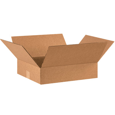ECT-32 kraft corrugated boxes sized 16" × 14" × 4" engineered for shallow-profile products like apparel, books, and artwork. Sold as bundle of 25 and ship flat to maximize storage and freight efficiency in your warehouse.