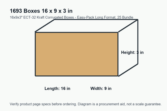 1693 dimension diagram showing 16 x 9 x 3 inch boxes.