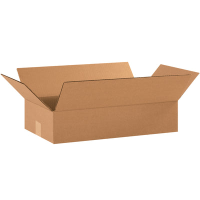 ECT-32 kraft corrugated shipping boxes sized 18" × 10" × 4" for optimal shallow product protection. This bundle of 25 flat corrugated cartons ships unassembled to maximize warehouse storage and reduce freight costs. Ideal for apparel, books, frames, and artwork.