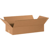 ECT-32 kraft corrugated shipping boxes designed with shallow 4-inch depth for optimal fit on smaller items. Ships flat to maximize storage efficiency and reduce freight costs. Bundle of 25 boxes per pack.