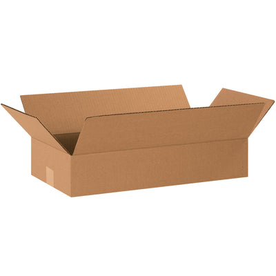 ECT-32 kraft corrugated shipping boxes designed with shallow 4-inch depth for optimal fit on smaller items. Ships flat to maximize storage efficiency and reduce freight costs. Bundle of 25 boxes per pack.