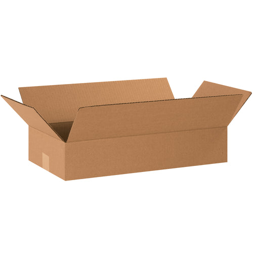 ECT-32 kraft corrugated shipping boxes designed with shallow 4-inch depth for optimal fit on smaller items. Ships flat to maximize storage efficiency and reduce freight costs. Bundle of 25 boxes per pack.