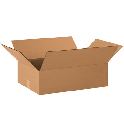 ECT-32 kraft corrugated shipping boxes sized 20" x 14" x 6" with shallow depth for right-sized product fit and reduced dimensional weight charges. Engineered for apparel, books, frames, and artwork. Ships flat in bundles of 25–maximize warehouse storage and cut freight costs.