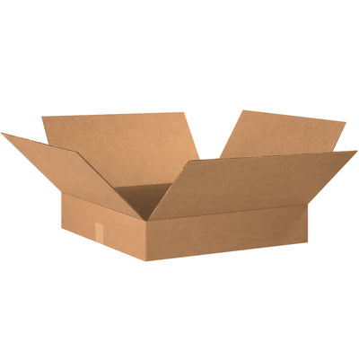 ECT-32 kraft corrugated boxes in 20x20x4" dimensions designed for shallow-depth products that require secure, stackable shipping. Ships flat in bundles of 10 to maximize storage efficiency and reduce freight costs. Ideal for apparel, books, picture frames, artwork, and mirrors.