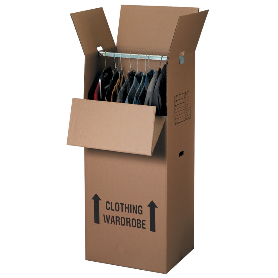 Keep apparel on hangers during transit and storage with these heavy-duty ECT-48 double wall wardrobe packing boxes. Each 20x20x45" box features hinged hand holes, up arrows, and a write-on delivery panel–sold as a bundle of 5 to maximize your per-unit savings on freight and storage.