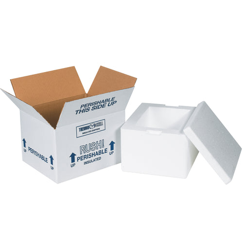 Pre-assembled insulated shipping kits designed to protect temperature-sensitive products during transit. Each case includes 12 complete units with seamless molded EPS foam insulation, 200# white corrugated cartons, and tight-fitting lids. Pre-printed with Rush, Perishable, and This Side Up shipping instructions for compliance and quick handling.