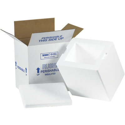 Protect temperature-sensitive products with our 8x6x9 insulated shipping kit. Each pre-assembled case includes a seamless molded EPS foam container inside a 200#/ECT-32 white corrugated carton with a tight-fitting lid. Lightweight, reusable, and printed with Rush, Perishable, and This Side Up markings for full shipping compliance.