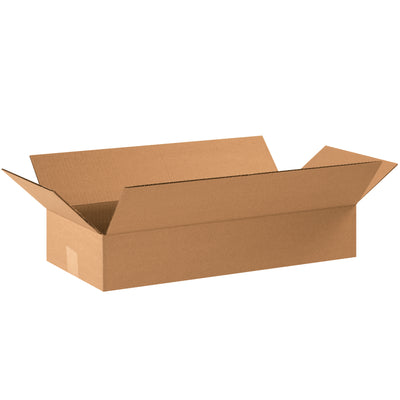 ECT-32 kraft corrugated boxes sized 22" x 10" x 4" designed for shallow-profile products like apparel, books, and artwork. Ships flat to maximize storage efficiency and minimize freight expense. Sold as a bundle of 25 boxes.