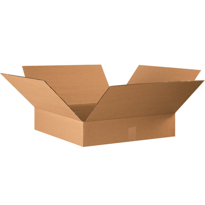 ECT-32 kraft corrugated cartons sized 22" × 22" × 4" for shallow product shipping. Optimized depth reduces wasted space and cuts freight costs on apparel, books, frames, and artwork. Sold flat in bundles of 10–maximum storage efficiency, ready to assemble.