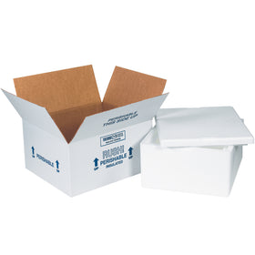 Pre-assembled 12x10x5 insulated shipping kits designed for perishable products and temperature-sensitive goods. Each case includes 4 complete units with molded EPS foam liners, tight-fitting lids, and 200# ECT-32 white corrugated cartons featuring printed Rush, Perishable, and This Side Up labels. Lightweight, reusable, and built for compliance with shipping regulations.