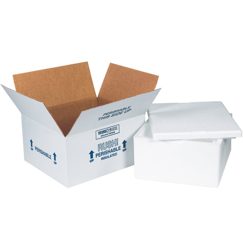 Pre-assembled 12x10x5 insulated shipping kits designed for perishable products and temperature-sensitive goods. Each case includes 4 complete units with molded EPS foam liners, tight-fitting lids, and 200# ECT-32 white corrugated cartons featuring printed Rush, Perishable, and This Side Up labels. Lightweight, reusable, and built for compliance with shipping regulations.