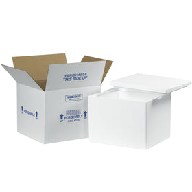 Complete 12x10x9 insulated shipping solution featuring a pre-assembled 200#/ECT-32 white corrugated carton with seamless molded EPS foam container and tight-fitting lid. Lightweight, reusable, and pre-printed with Rush, Perishable, and This Side Up shipping instructions for full compliance. Ideal for perishable products and temperature-sensitive items requiring reliable protection during transit.