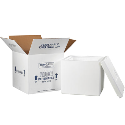 Pre-assembled insulated shipping kit designed for temperature-sensitive products. Features seamless molded EPS foam protection inside a 200# ECT-32 white corrugated carton with pre-printed shipping instructions (Rush, Perishable, This Side Up). Lightweight, reusable, and fully compliant with perishable product shipping requirements.