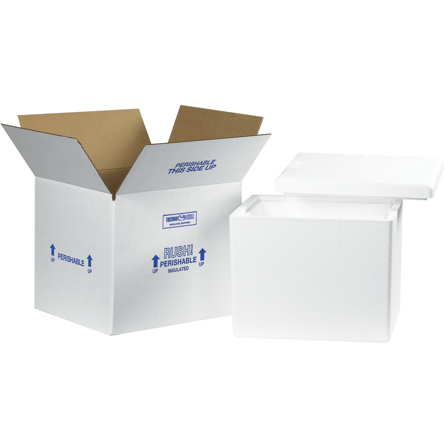 Pre-assembled insulated shipping kit featuring a 200#/ECT-32 corrugated carton with seamless molded EPS foam liner and tight-fitting lid. Maintain temperature control and protect perishable products during transit. Lightweight, reusable, and pre-printed with Rush, Perishable, and This Side Up handling instructions.
