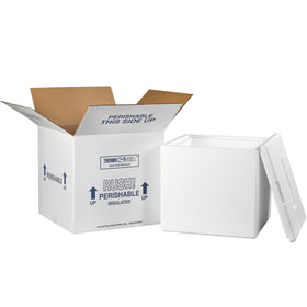 Pre-assembled insulated shipping kit (13" x 13" x 12.5") with seamless molded EPS foam container and 200# white corrugated carton. Includes perishable product labeling and tight-fitting lid to maintain product integrity. Lightweight, reusable design reduces shipping costs per unit.