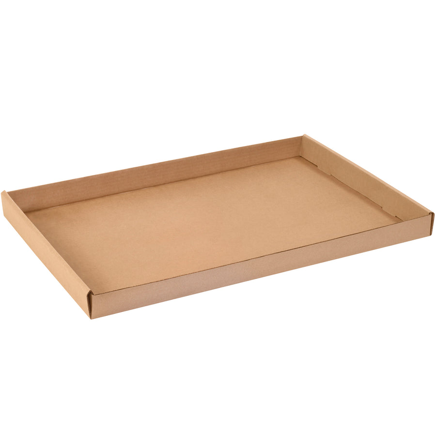 Industrial-grade ECT-32 kraft corrugated trays sized 24" x 15" x 1 3/4" for efficient small parts storage and light-duty shipping. Ships flat to maximize freight efficiency and warehouse rack space. Bundle of 50 trays.
